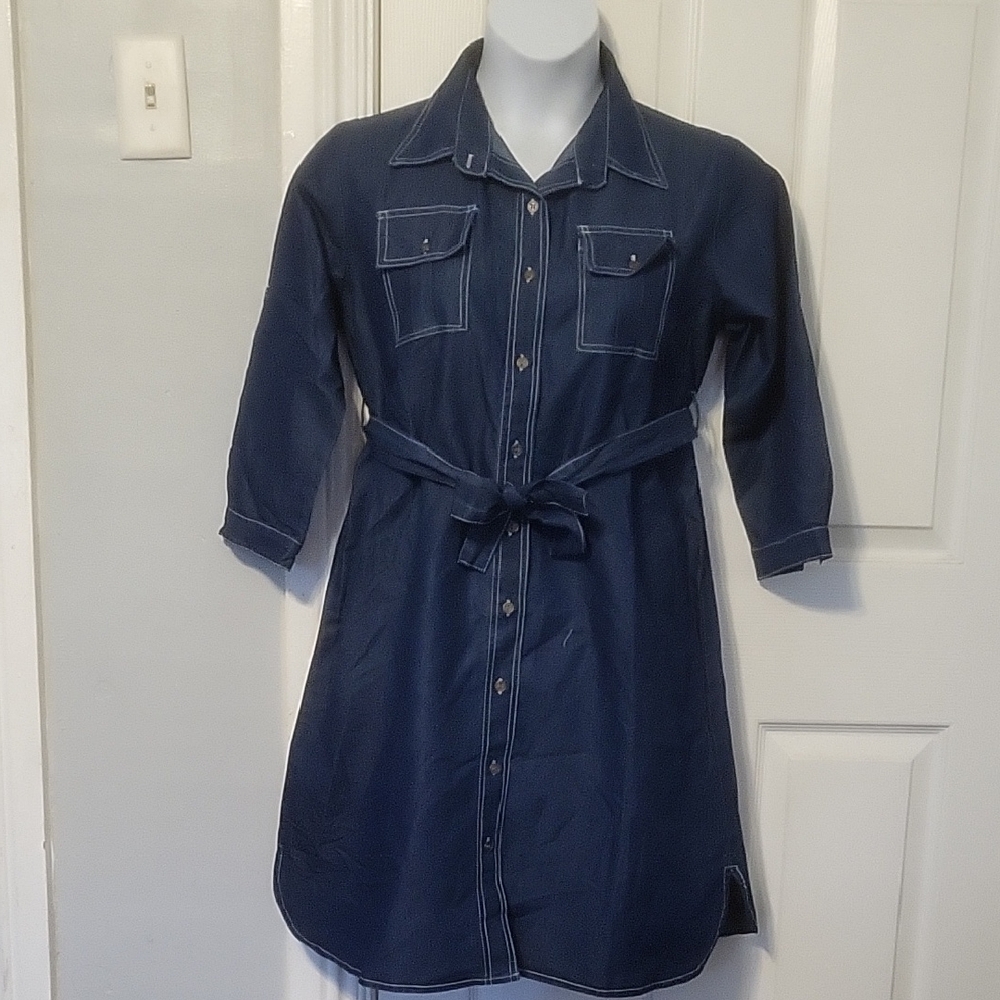 NWT Times Two Maternity Navy Blue Denim Button-Up Maternity Dress with Belt